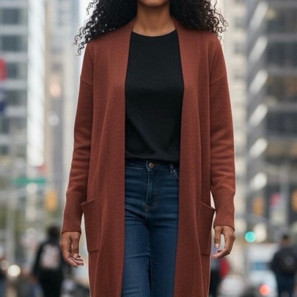 Liz Claiborne Cardigan Long Open Front Brick Red Rust color size Med
